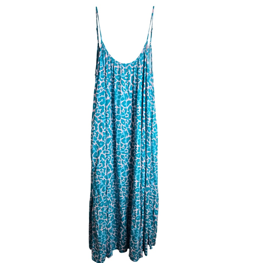 Delicatelove Blue Pink Animal Print Viscose Tiered Maxi Dress Small Resort Beach